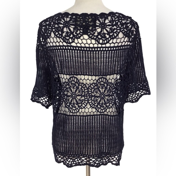 Anthropologie James Coviello Blue Crochet Lace Short Sleeve Top Large - Picture 2 of 6